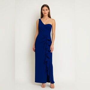 ISSUE NEW YORK Cascading Ruffled Slit One-Shoulder Gown Blue L